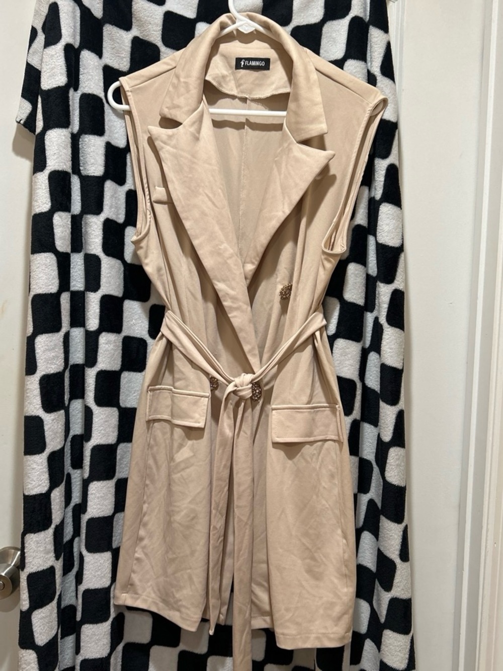 Flamingo Sleeveless Belted Trench Vest in Beige